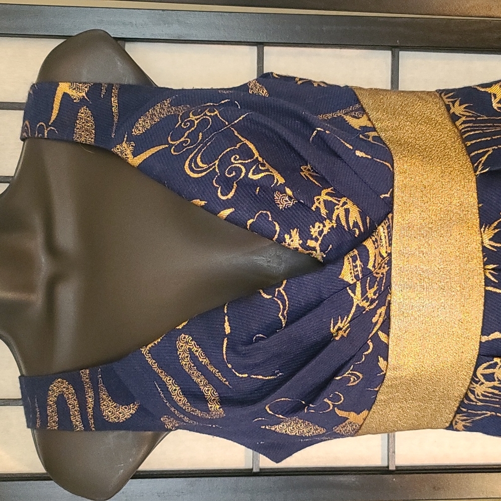Anthropologie Eva Franco Navy Blue & Gold Tapestry Party Dress sz 2